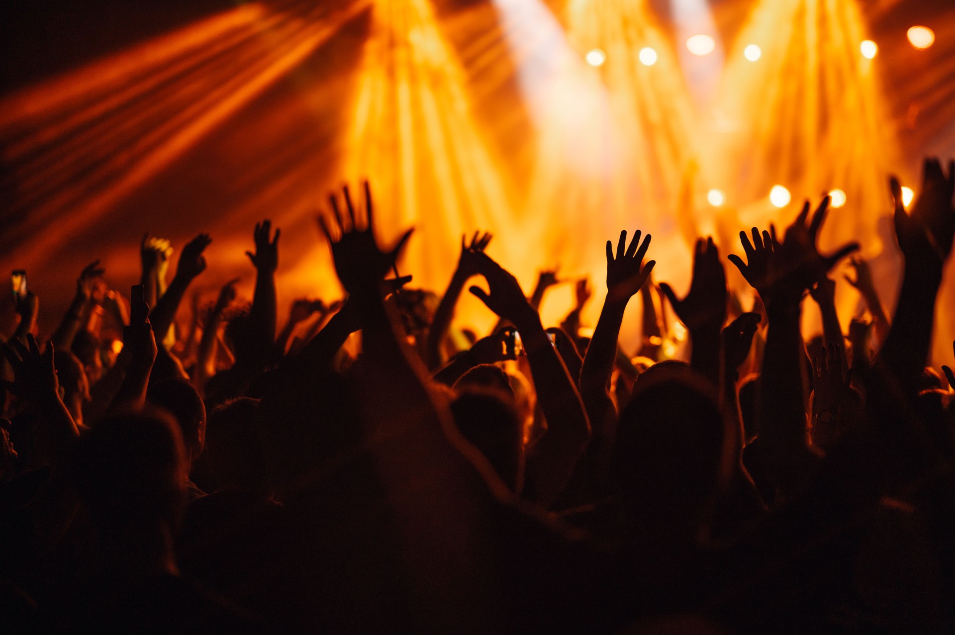Crowd is going wild and dancing at music festival and rising their hands
